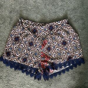 Charlotte Russe High Waist Blue and Red Patterned Lace-Trim Shorts